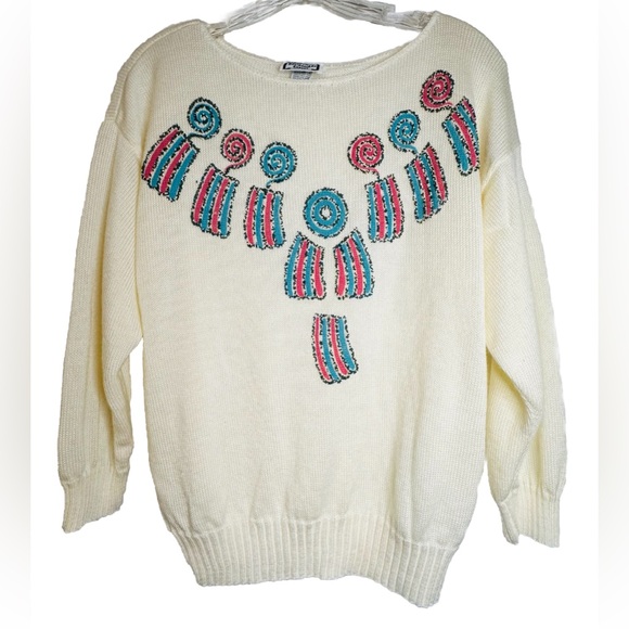 Vintage Kenneth Too Ivory Aztec Pullover Sweater Turquoise Embellished Sz S/M - Picture 1 of 12